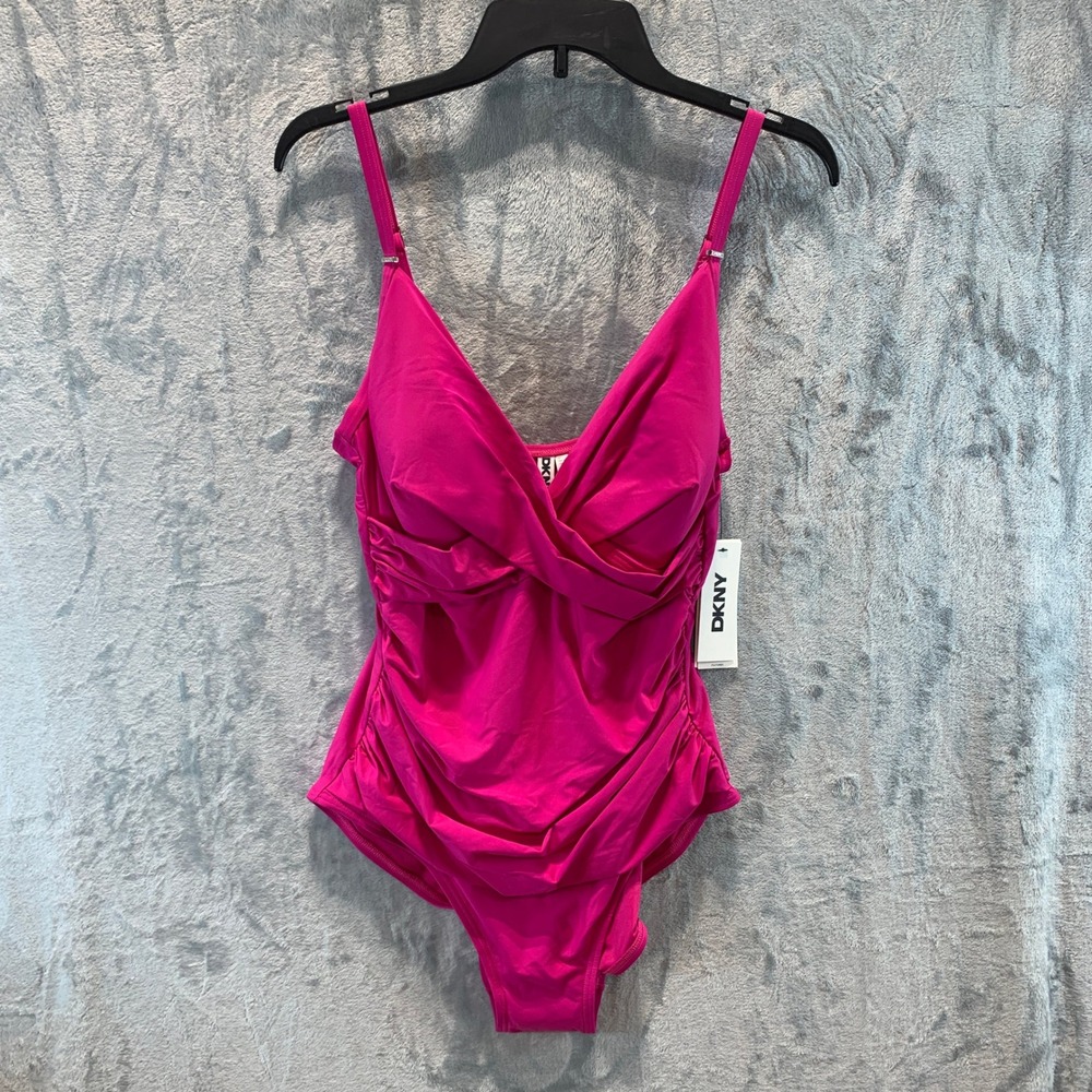 DKNY Womens Pink Ruched Surplice One Piece Swimsuit DIMMS559 L Beach Summer - Picture 1 of 7